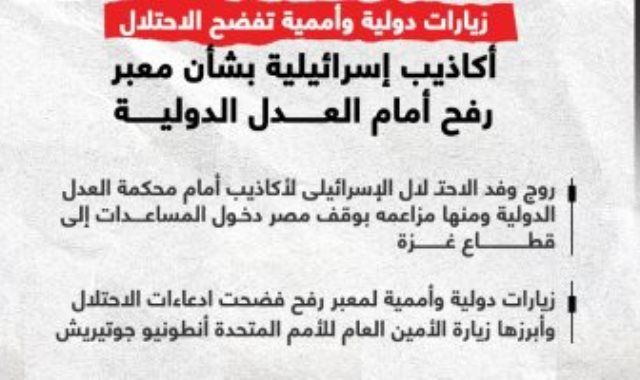 زيارات دولية تفضح الاحتلال.. أكاذيب إسرائيلية بشأن معبر رفح أمام العدل الدولية (إنفوجراف)