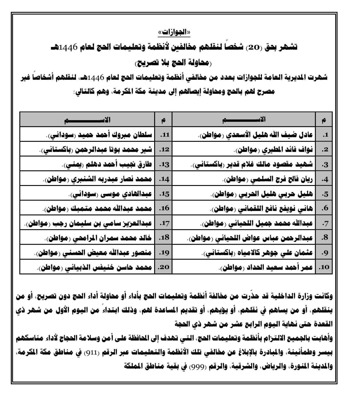 «الجوازات» تشهر بحق (20) شخصًا لنقلهم مخالفين لأنظمة وتعليمات الحج لعام 1446هـ (محاولة الحج بلا تصريح)